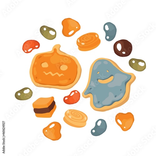 Trick or treat. Sponge cookies for Halloween. Caramel. Toffee. Lollipops. Jelly candies. Isolated vector colorful element on a white background.