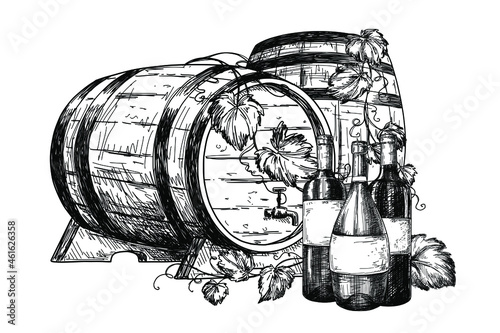 Hand drawn ink art, wine. Etching vintage drink illustration isolated on white background. Vector drawing.	