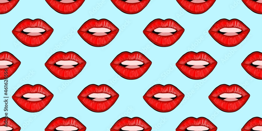 Vettoriale Stock SEAMLESS LIP PATTERN. Pop art pattern. America of the 60s.  Bright stylish ornament with lips. Vector design for printing on fabric and  textile, wrapping paper. Wallpaper for walls | Adobe