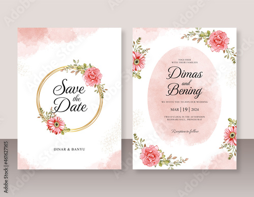 Wedding invitation set template with floral watercolor