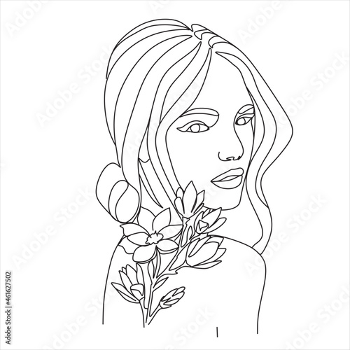 Woman face with flowers. Line art female hands with butterflies. One line vector drawing. Portrait minimalistic style. Botanical print. Nature symbol of cosmetics.