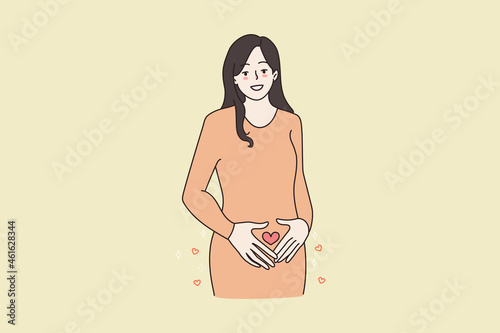 Portrait of happy pregnant woman with heart painted on belly excited to be expecting baby. Smiling female take care of women health. Pregnancy, ivf treatment concept. Flat vector illustration. 