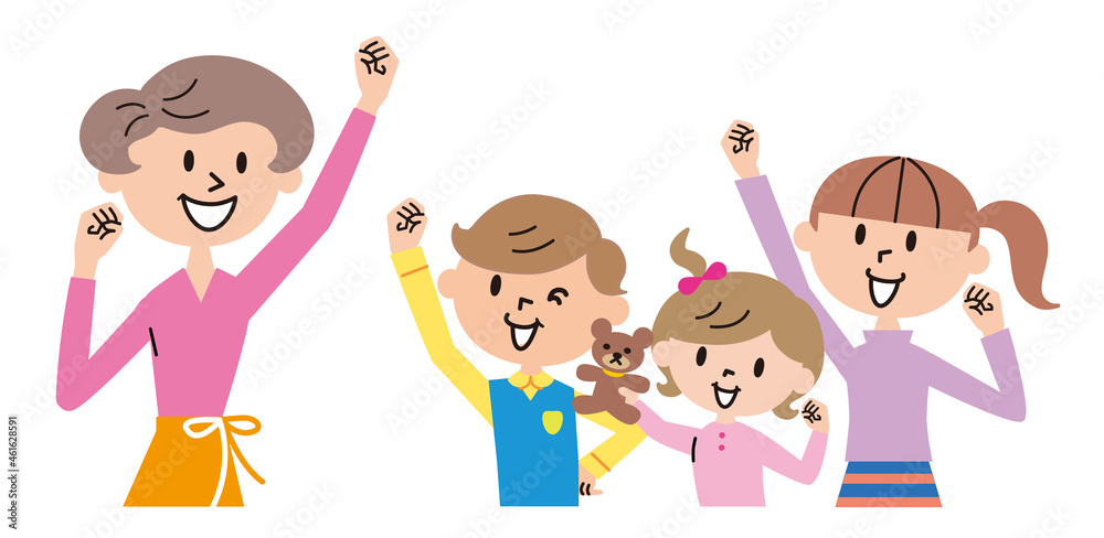 家族　4人　母と子供達　ガッツポーズ　元気　イラスト