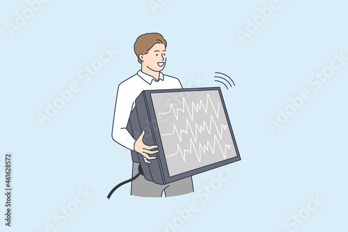 Man holding TV set with channel live streaming or broadcasting. Young male carry broken television equipment with no signal, going to repair fixing. Digital technology. Flat vector illustration. 