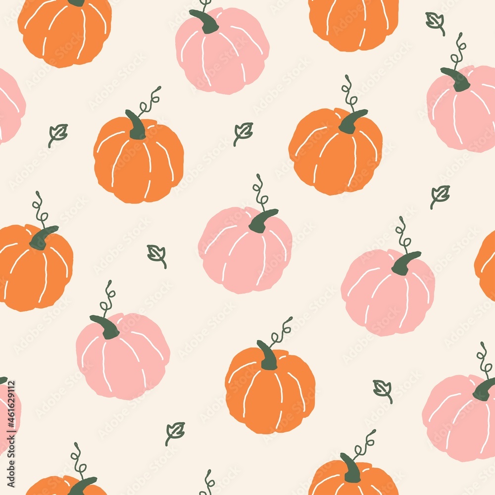 Art & Illustration, Pumpkin seamless pattern, hand drawing pink and orange pumpkin on cream color background, vector illustration.