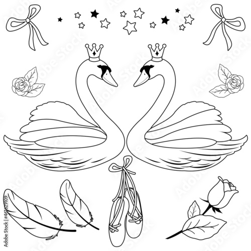 Swan lake ballet fairy tale set. Vector black and white coloring page