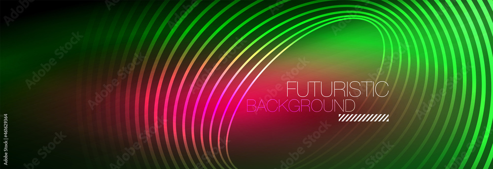 Dark abstract background with glowing neon circles. Trendy layout template for business or technology presentation, internet poster or web brochure cover, wallpaper Dark abstract background with glowing neon circles. Trendy layout template for business or technology presentation, internet poster or web brochure cover, wallpaper