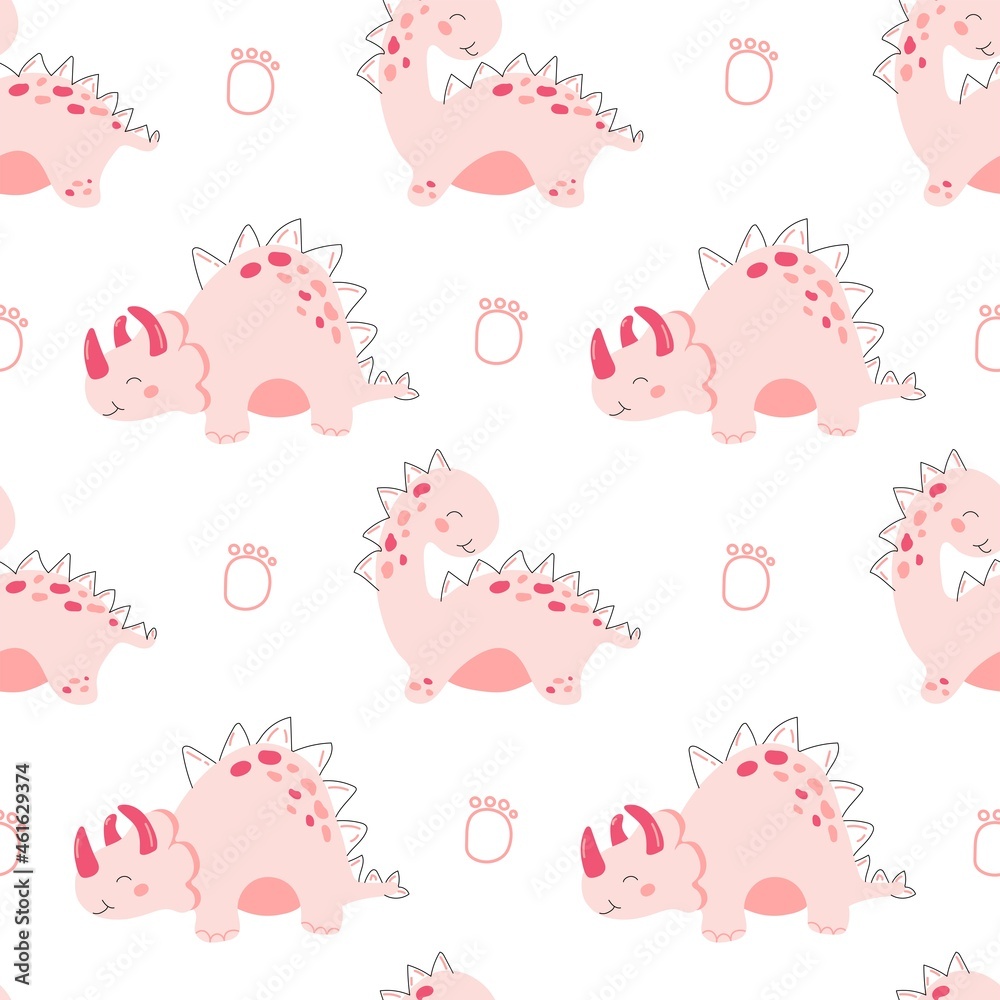 Fototapeta premium Art & Illustration, Cute pattern pink dinosaurs, vector illustration.
