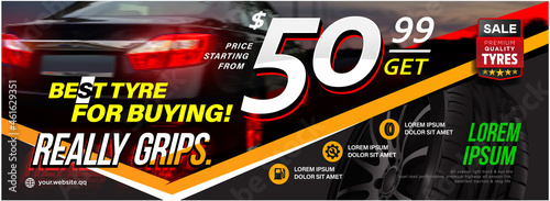 Tyre banner design. Advertisement car wheel poster. Promo action. Black friday. Discount program.