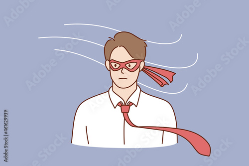 Businessman in superhero eye mask feel motivated successful at work. Young man employee worker like super hero, reach success in company. Goal achievement, winner concept. Flat vector illustration. 