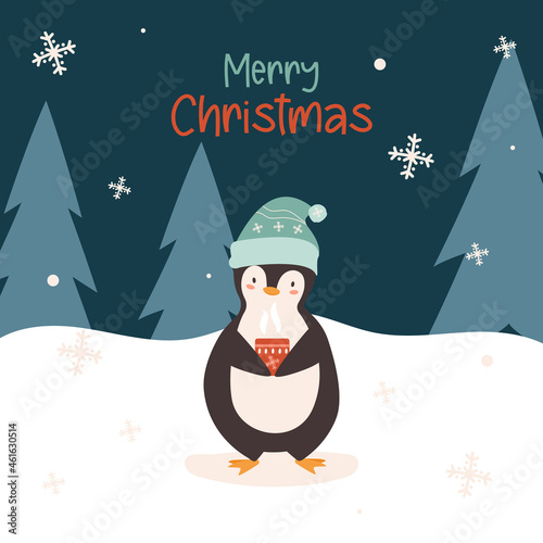 Christmas Cute Little Penguin with Santa Cap and hot drink. Vector illustration in flat style
