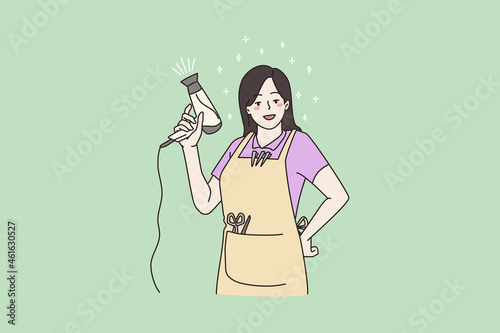 Portrait of smiling woman hair stylist pose with hairdryer scissors in salon. Happy young girl hairdresser work in beauty industry, hair treatment and procedures. Flat vector illustration, cartoon. 