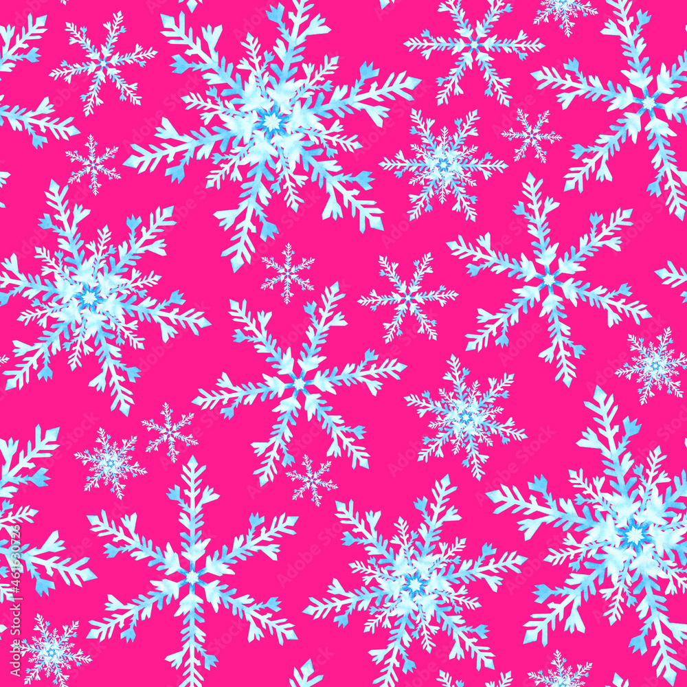 Christmas snow seamless pattern on a red background. Watercolor snowflakes print. 