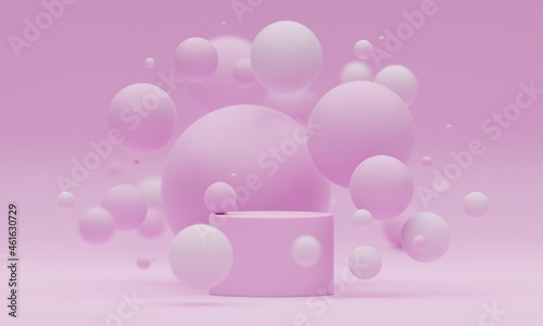 Fototapeta Naklejka Na Ścianę i Meble -  3d mock up podium with flying spheres or balls on a light pink background. Bright stylish Modern platform for product or cosmetics presentation. Render scene with geometric shapes.