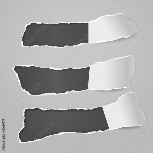 Oblong holes composition in grey paper with torn edges and soft shadow is on black background. Vector illustration