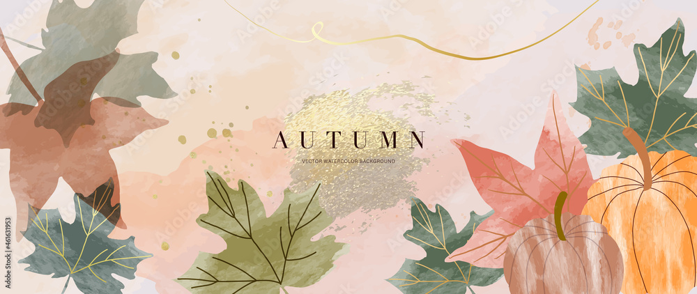 Autumn background vector. Hand painted watercolor and gold brush texture, Flower and botanical leaves hand drawing. Abstract art design for wallpaper, wall arts, cover, wedding and  invite card.   - obrazy, fototapety, plakaty 