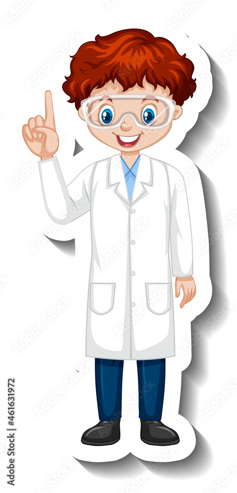 Cartoon character sticker with a boy in science gown Cartoon character sticker with a boy in science gown