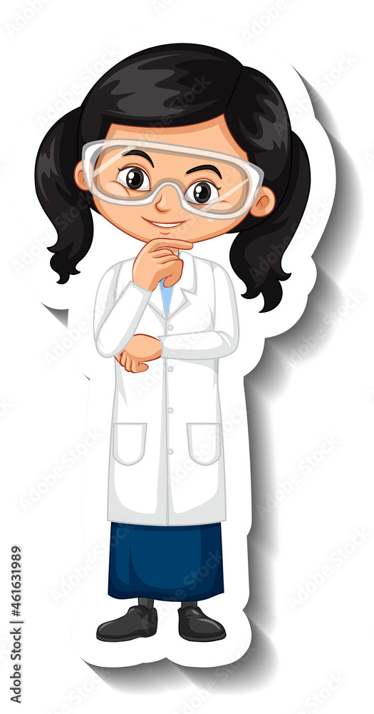 Cartoon character sticker with a girl in science gown Cartoon character sticker with a girl in science gown