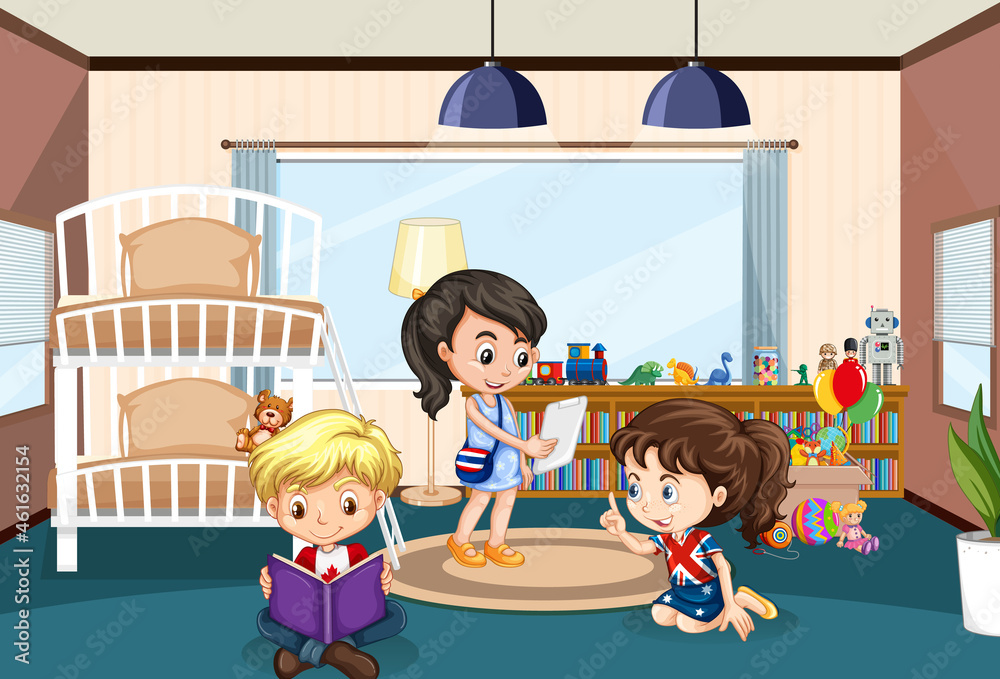 Interior of bedroom with children cartoon character Interior of bedroom with children cartoon character