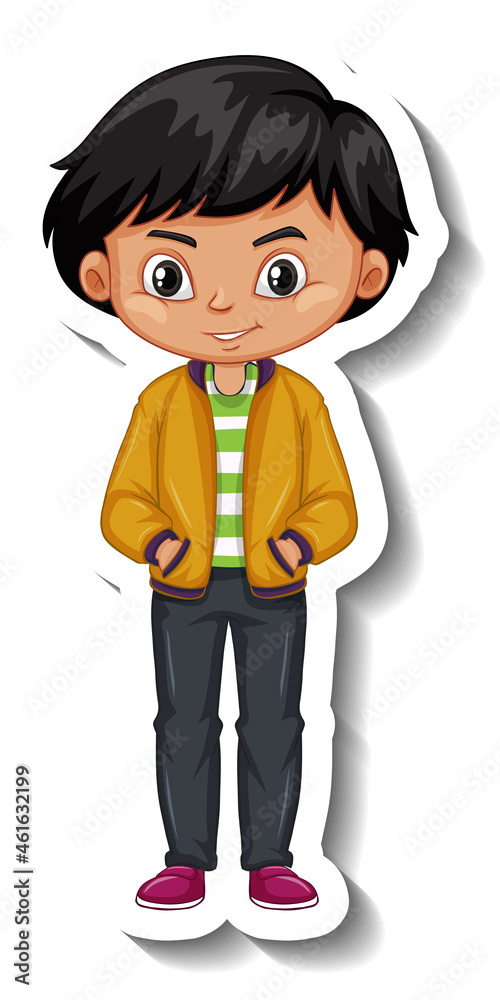 A boy wears bomber jacket cartoon character sticker A boy wears bomber jacket cartoon character sticker