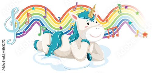 Unicorn laying on the cloud with melody symbols on rainbow wave