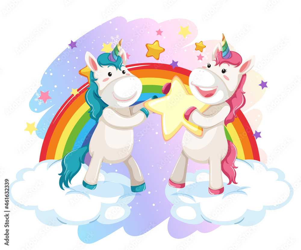 Cute unicorn in the pastel sky with rainbow