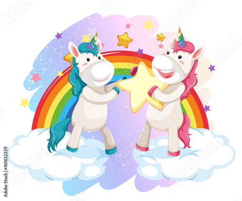Cute unicorn in the pastel sky with rainbow