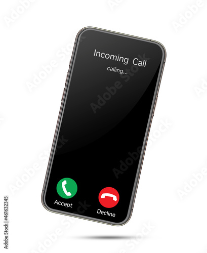 Incoming call phone screen interface. slide to answer, accept button, decline button. photo
