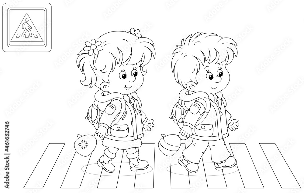 Cheerful little schoolboy and schoolgirl with backpacks going to their school and crossing a road on a zebra crossing, black and white vector cartoon illustration for a coloring book page