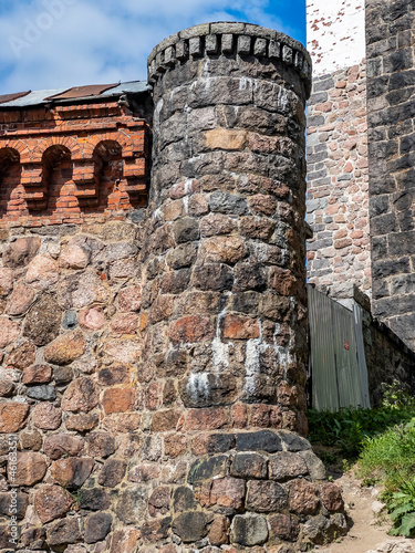 Vyborg, Russia, July 25, 2021. Vyborg castle, XVIII century. Fragment of stone wall