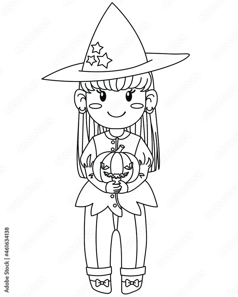 Cute little girl witch wearing traditional hat with pumpkin. Halloween character. Vector illustration for coloring page, print, greeting and invitation card.