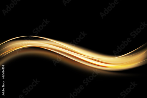 Gold wave flow and golden glitter lines on black background. Abstract shiny color wave luxury rich invitation background. Luxury flow wallpaper web design.