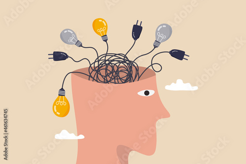 Overthinking, anxiety caused by thinking too much, lost in chaos decision, messed up process or confusion thought concept, human head with messy chaos cable line of electric plug and lightbulb ideas. photo