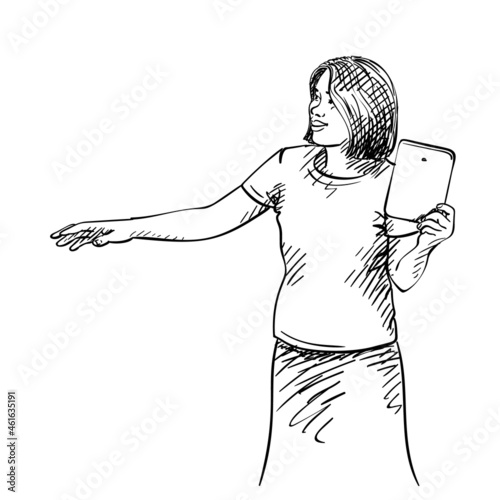 Vector sketch of asian woman is pointing with hand and holding tablet, Hand drawn illustration with hatched shades
