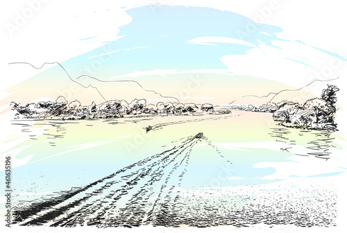 Sketch of banks of the river landscape, speed boats on the river, Hand drawn vector illustration on watercolor background