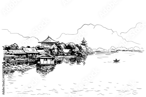 Sketch of village with Buddhist temples on the bank of the river with fishing boat and mountains on background, Southeast asia landscape, Hand drawn vector illustration