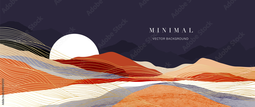 Mountain background vector. Minimal landscape art with watercolor brush and golden line art texture. Abstract art wallpaper for prints, Art Decoration, wall arts and canvas prints.  - obrazy, fototapety, plakaty 