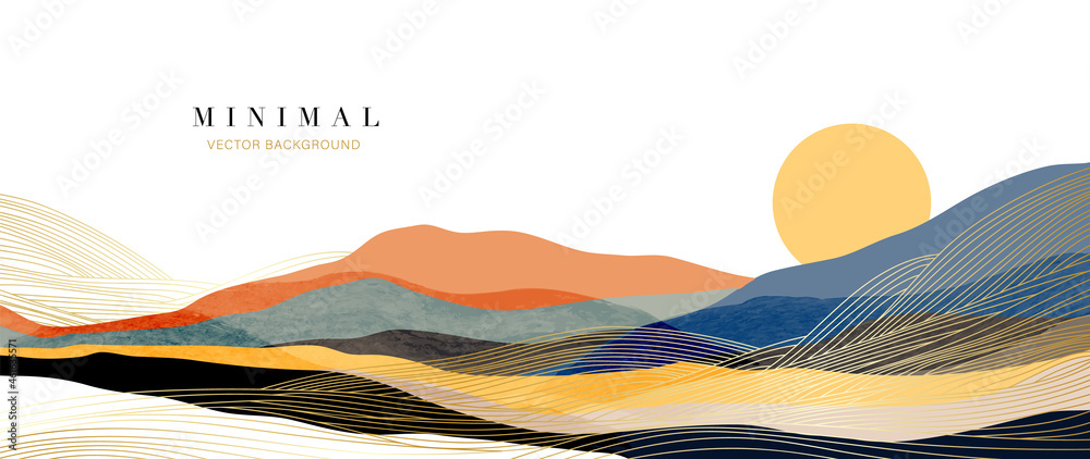Mountain background vector. Minimal landscape art with watercolor brush and golden line art texture. Abstract art wallpaper for prints, Art Decoration, wall arts and canvas prints.  - obrazy, fototapety, plakaty 