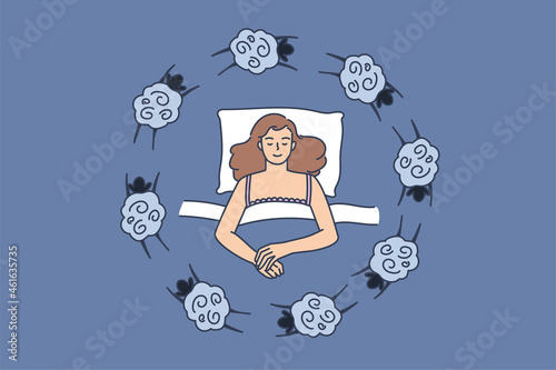 Young woman lying in bed counting sheep cant sleep at night. Girl relax rest in bedroom suffer from insomnia. Sleep deprivation, anxiety and fatigue. Sleep disorder concept. Flat vector illustration. 