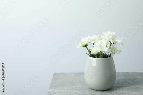 Vase with white chrysanthemums on gray textured table