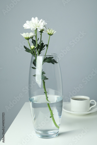Vase with chrysanthemums and cup of coffee on white table