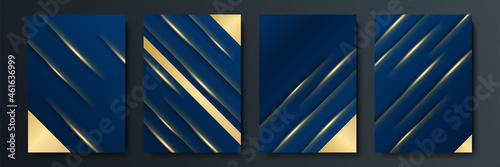 Abstract blue and gold background. Abstract template dark blue luxury premium background with luxury triangles pattern and gold lighting lines