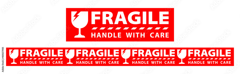 sticker fragile handle with care, red fragile warning label, fragile label with broken glass symbol - obrazy, fototapety, plakaty 