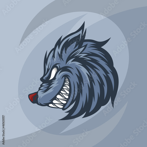 grinning blue wolf head mascot, this cool image is suitable for esports team logos or for extreme sports communities such as skateboarding etc., also suitable for t-shirt designs or merchandise
