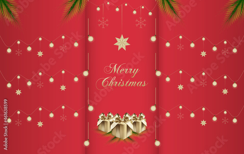 christmas background, gift box, lights and leaves.