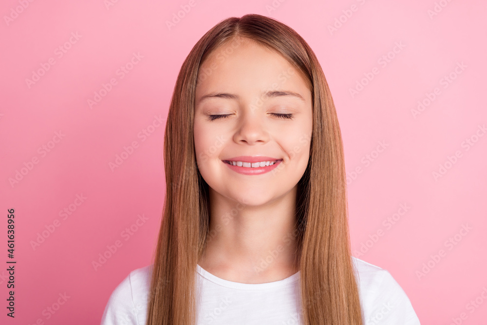 © deagreez - Photo of cute blond little girl closed eyes wear white t-shirt isolated on pink color background