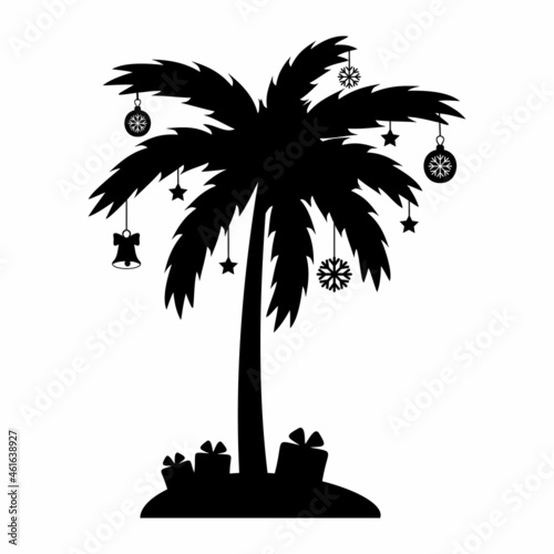 Christmas palm tree with garland and gifts, black stencil, isolated vector illustration