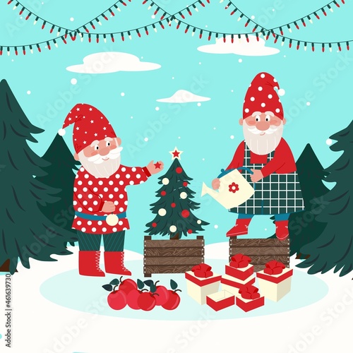Two gnomes decorate a Christmas tree. Vector characters in flat style, cartoon. © Olena