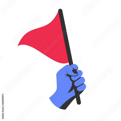Triangular red flag holding in hand man. Vector illustration flat design. Isolated on white background. Sportflag. Achievement concept. Victory and success.