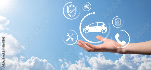 Digital composite of Man holding car icon.Car automobile insurance and car services concept. Businessman with offering gesture and icon of car